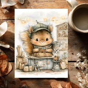 May include: A watercolor illustration of a fluffy squirrel wearing a green cap and a plaid scarf, sitting behind a blue box with wrapped gifts, a tape dispenser, and a scale. The background features a shelf with toys and string lights.