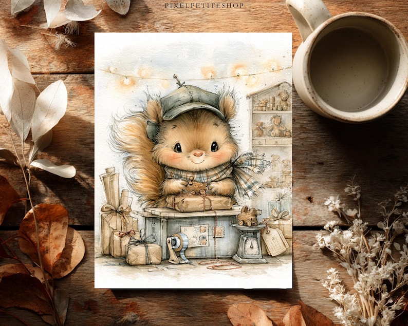 May include: A watercolor illustration of a fluffy squirrel wearing a green cap and a plaid scarf, sitting behind a blue box with wrapped gifts, a tape dispenser, and a scale. The background features a shelf with toys and string lights.