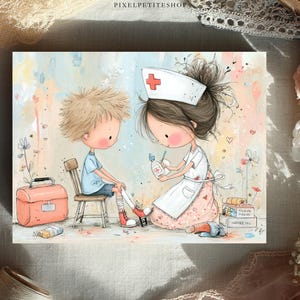 May include: A watercolor illustration depicts a nurse tending to a child's leg wound. The nurse, wearing a white uniform and cap with a red cross, applies medicine. A small suitcase and medical supplies are nearby. The child sits on a wooden chair.