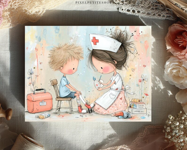 May include: A watercolor illustration depicts a nurse tending to a child's leg wound. The nurse, wearing a white uniform and cap with a red cross, applies medicine. A small suitcase and medical supplies are nearby. The child sits on a wooden chair.