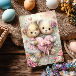 K&ouml;nnte beinhalten: Eine Gru&szlig;karte mit zwei Teddyb&auml;ren, die ein rosa Herz mit einer Schleife halten. Die B&auml;ren tragen rosa Kleider und Blumenkr&auml;nze. Die Karte ist von rosa Rosen und anderen Blumen umgeben, in Pastellfarben.