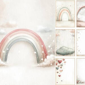 May include: Watercolor illustrations featuring rainbows, clouds, stars, and hearts. The images have a soft, pastel color palette with pink, gray, and white hues. The collection includes a large rainbow, a cloud, and several blank pages with decorative elements.