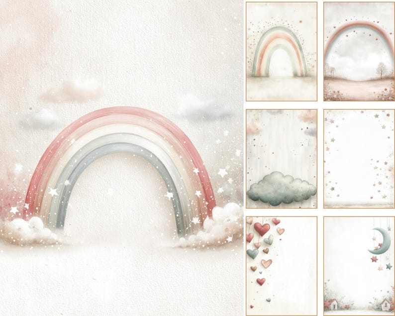 May include: Watercolor illustrations featuring rainbows, clouds, stars, and hearts. The images have a soft, pastel color palette with pink, gray, and white hues. The collection includes a large rainbow, a cloud, and several blank pages with decorative elements.