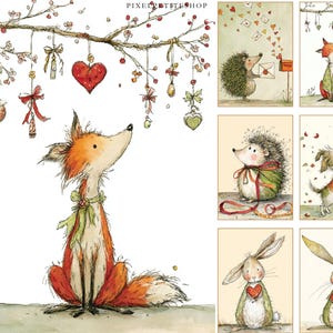 K&ouml;nnte beinhalten: Aquarellillustrationen von Waldtieren, darunter ein Fuchs, Igel, Hund und Kaninchen. Der Fuchs blickt auf einen Ast mit h&auml;ngenden Herzornamenten. Weitere Bilder zeigen die Tiere mit Herzen und Liebesbriefen. Der Shop-Name "PIXELPETITESHOP" ist oben zu sehen.