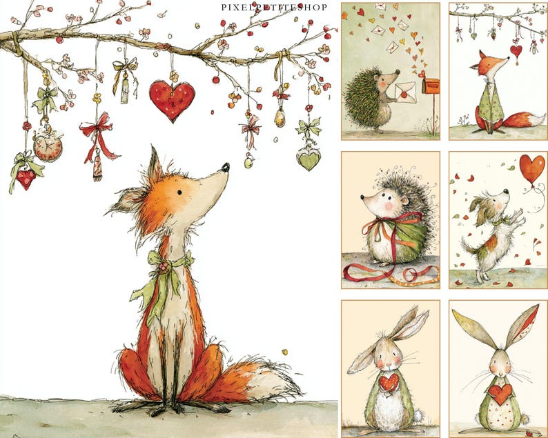 K&ouml;nnte beinhalten: Aquarellillustrationen von Waldtieren, darunter ein Fuchs, Igel, Hund und Kaninchen. Der Fuchs blickt auf einen Ast mit h&auml;ngenden Herzornamenten. Weitere Bilder zeigen die Tiere mit Herzen und Liebesbriefen. Der Shop-Name "PIXELPETITESHOP" ist oben zu sehen.