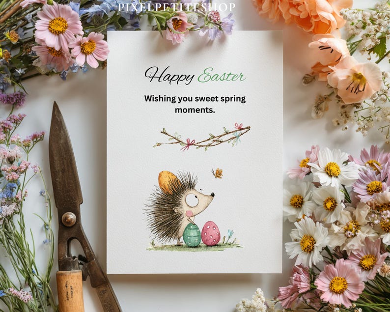 Pode incluir: Cart&atilde;o de felicita&ccedil;&otilde;es de P&aacute;scoa com uma ilustra&ccedil;&atilde;o de um ouri&ccedil;o e dois ovos. O texto "Happy Easter" e "Wishing you sweet spring moments" tamb&eacute;m est&atilde;o presentes. Flores e uma tesoura de jardim vintage circundam o cart&atilde;o.