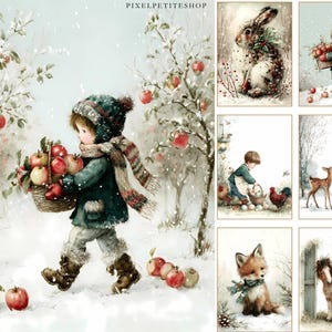 Op de afbeelding: Een verzameling vintage kunstprints met winters sc&egrave;nes. E&eacute;n print toont een kind dat een mand met appels draagt in een besneeuwde boomgaard. Andere prints tonen een konijn, een kind met appels, een kind met kippen, een meisje met een hert, een vos en een kind met een pony.