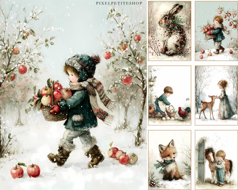 Op de afbeelding: Een verzameling vintage kunstprints met winters sc&egrave;nes. E&eacute;n print toont een kind dat een mand met appels draagt in een besneeuwde boomgaard. Andere prints tonen een konijn, een kind met appels, een kind met kippen, een meisje met een hert, een vos en een kind met een pony.