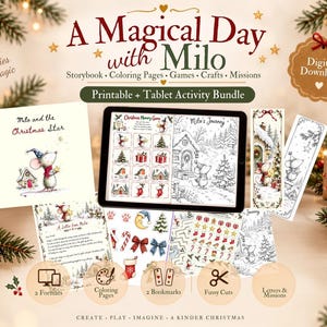 May include: A digital activity bundle titled A Magical Day with Milo featuring a storybook, coloring pages, games, crafts, and missions. The set includes a spiral-bound book, a tablet displaying a memory game, bookmarks, and printable sheets.