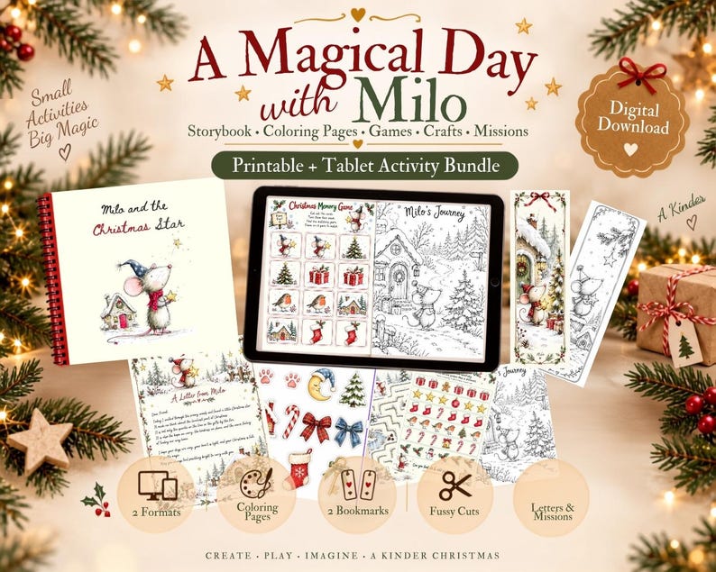 May include: A digital activity bundle titled A Magical Day with Milo featuring a storybook, coloring pages, games, crafts, and missions. The set includes a spiral-bound book, a tablet displaying a memory game, bookmarks, and printable sheets.