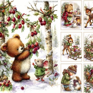 May include: A collection of watercolor illustrations with a winter holiday theme. The images feature a brown teddy bear, a mouse, deer, and a child interacting with snow, berries, and gifts. The illustrations have a soft, whimsical style.