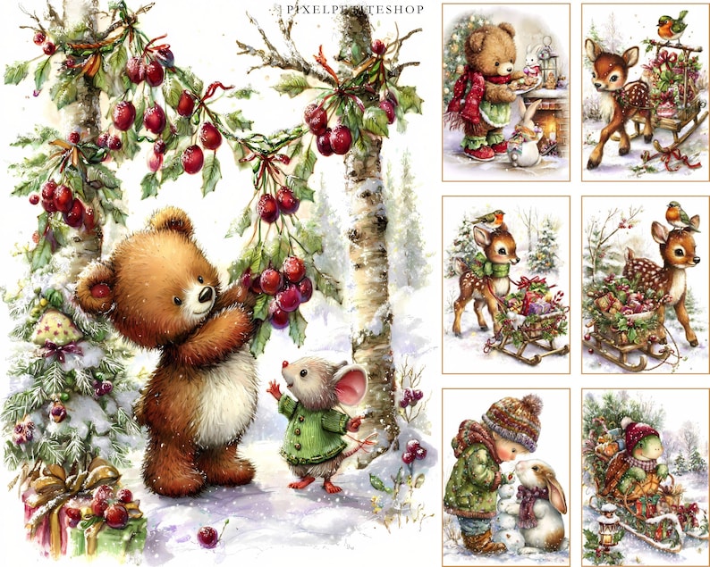 May include: A collection of watercolor illustrations with a winter holiday theme. The images feature a brown teddy bear, a mouse, deer, and a child interacting with snow, berries, and gifts. The illustrations have a soft, whimsical style.