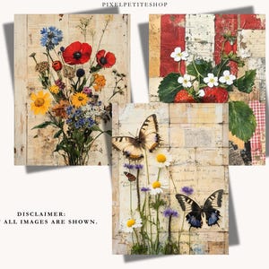 May include: Three square art prints featuring floral and butterfly themes. One print showcases a bouquet of colorful flowers, another features strawberries and white blossoms, and the third displays butterflies and wildflowers.