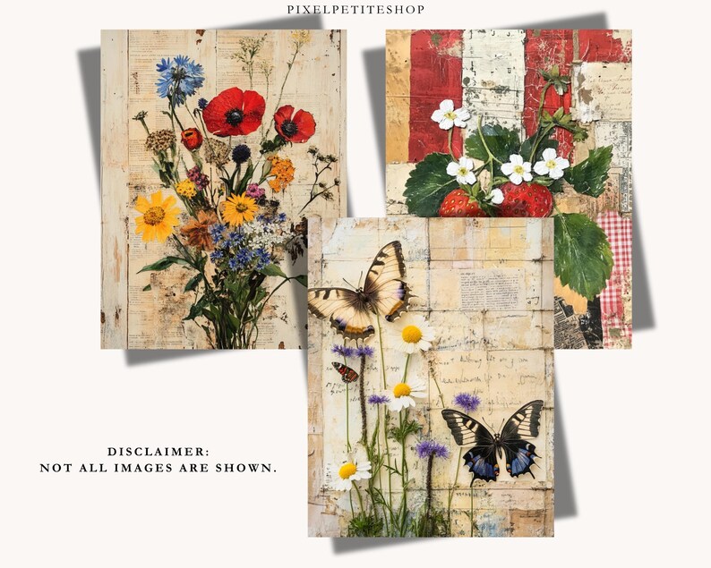May include: Three square art prints featuring floral and butterfly themes. One print showcases a bouquet of colorful flowers, another features strawberries and white blossoms, and the third displays butterflies and wildflowers.
