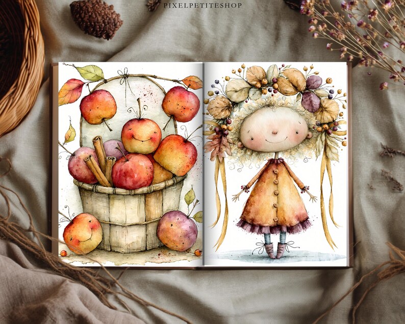 May include: An open book displaying two watercolor illustrations. The left page shows a wooden basket filled with red and orange apples and cinnamon sticks. The right page features a character wearing a brown dress and a large autumn leaf crown.