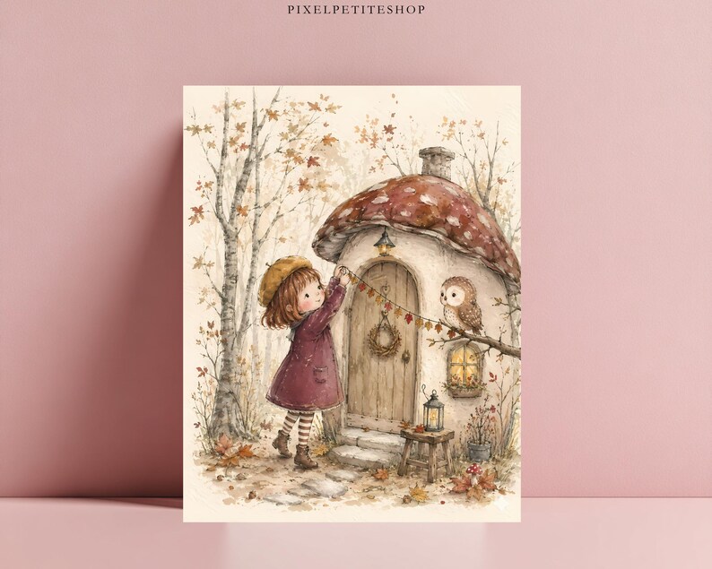 Op de afbeelding: Een aquarelillustratie van een kind in een bordeauxrode jas en gele baret die een paddenstoelvormig huis versiert met een bladerenslinger. Een uil zit op een tak in een bos met herfstbomen en gevallen bladeren op de bosgrond.