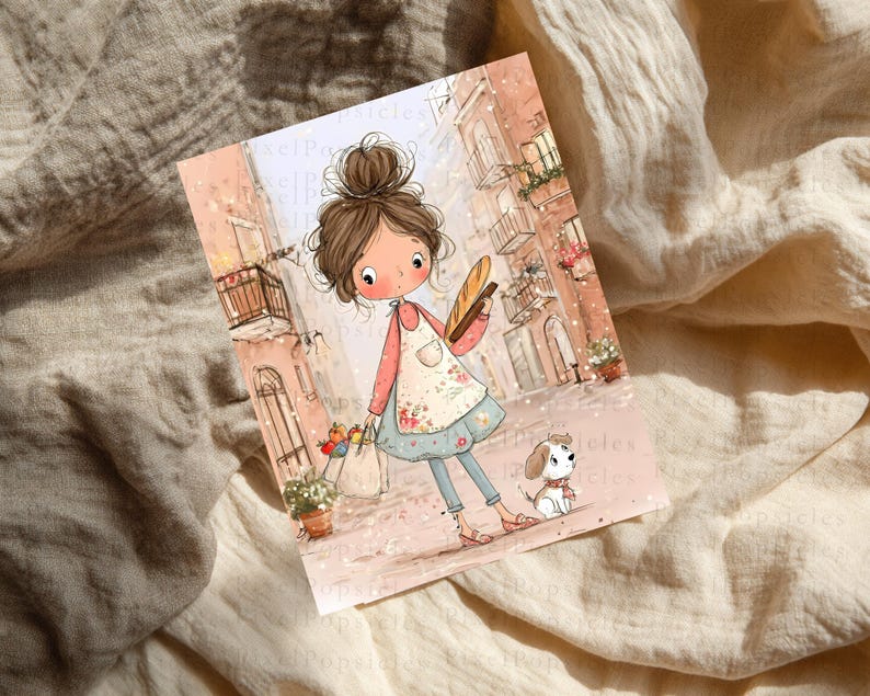 May include: A rectangular art print featuring a cartoon illustration of a person with a high bun hairstyle, wearing a floral apron over a pink shirt and blue pants. The person holds a baguette and a shopping bag, accompanied by a small white dog.