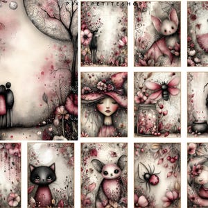Pu&ograve; includere: Una collezione di stampe artistiche fantasiose con morbidi toni rosa e grigi. Le stampe raffigurano varie scene fantasy, tra cui una coppia, un cervo, un pipistrello e una ragazza con un cappello, il tutto circondato da elementi floreali. Lo stile &egrave; delicato e sognante.