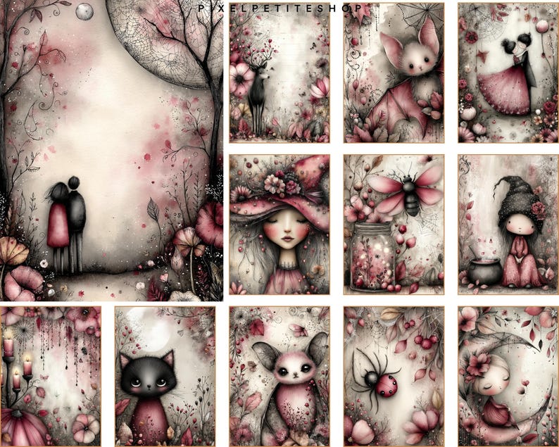 Pu&ograve; includere: Una collezione di stampe artistiche fantasiose con morbidi toni rosa e grigi. Le stampe raffigurano varie scene fantasy, tra cui una coppia, un cervo, un pipistrello e una ragazza con un cappello, il tutto circondato da elementi floreali. Lo stile &egrave; delicato e sognante.