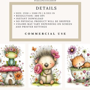 May include: Digital art prints featuring whimsical illustrations of a frog on a mushroom, a hedgehog with a rose, and a cat in a teacup. The prints are available for instant download and commercial use.