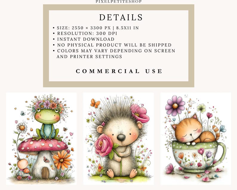 May include: Digital art prints featuring whimsical illustrations of a frog on a mushroom, a hedgehog with a rose, and a cat in a teacup. The prints are available for instant download and commercial use.