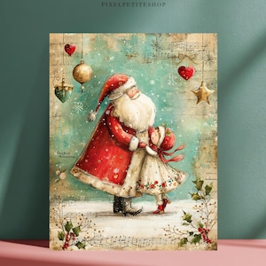 May include: A vertical art print featuring a watercolor illustration of Santa Claus and a small child in a white dress with red floral accents. The scene includes hanging gold ornaments, red hearts, a star, and musical notes on a teal background.