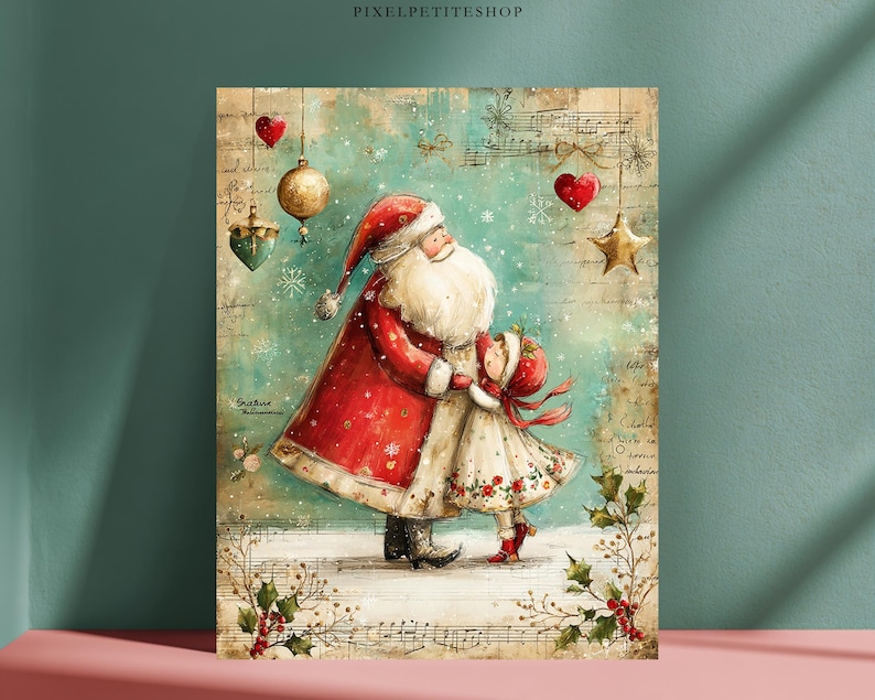 May include: A vertical art print featuring a watercolor illustration of Santa Claus and a small child in a white dress with red floral accents. The scene includes hanging gold ornaments, red hearts, a star, and musical notes on a teal background.