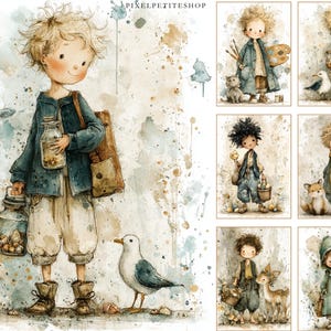 Pode incluir: Ilustra&ccedil;&otilde;es em aquarela com crian&ccedil;as e elementos caprichosos. A imagem principal mostra uma crian&ccedil;a segurando potes e uma sacola, com uma gaivota. Outras imagens retratam crian&ccedil;as com animais, materiais de arte e itens com tema da natureza. O estilo &eacute; suave e sonhador.