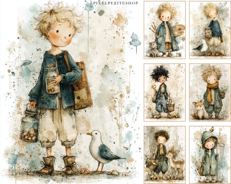 Pode incluir: Ilustra&ccedil;&otilde;es em aquarela com crian&ccedil;as e elementos caprichosos. A imagem principal mostra uma crian&ccedil;a segurando potes e uma sacola, com uma gaivota. Outras imagens retratam crian&ccedil;as com animais, materiais de arte e itens com tema da natureza. O estilo &eacute; suave e sonhador.