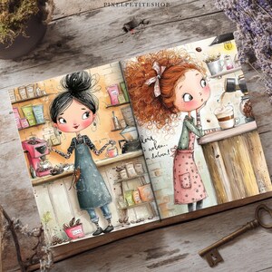 Puede incluir: Un libro abierto con dos p&aacute;ginas ilustradas de una escena de cafeter&iacute;a. La p&aacute;gina izquierda muestra a una persona con un mo&ntilde;o negro y delantal oscuro. La derecha muestra a una persona de pelo rojo rizado sirviendo caf&eacute; en una taza.