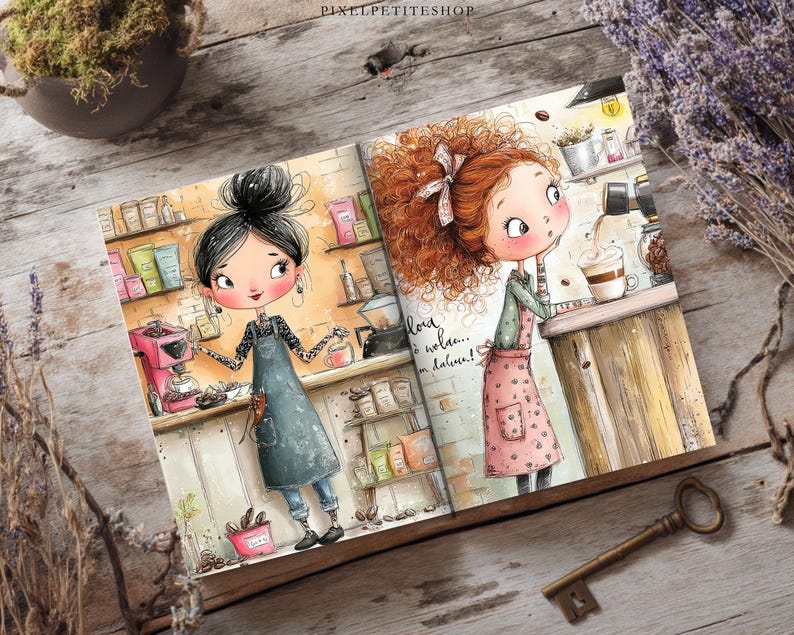 Puede incluir: Un libro abierto con dos p&aacute;ginas ilustradas de una escena de cafeter&iacute;a. La p&aacute;gina izquierda muestra a una persona con un mo&ntilde;o negro y delantal oscuro. La derecha muestra a una persona de pelo rojo rizado sirviendo caf&eacute; en una taza.