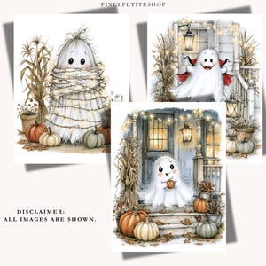 May include: Three digital illustrations featuring white ghosts in autumn settings with pumpkins, corn stalks, and string lights. One ghost is wrapped in lights, another wears a red-lined cape, and the third sits on porch steps holding a pumpkin.