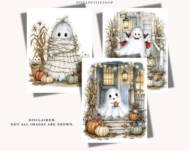 May include: Three digital illustrations featuring white ghosts in autumn settings with pumpkins, corn stalks, and string lights. One ghost is wrapped in lights, another wears a red-lined cape, and the third sits on porch steps holding a pumpkin.