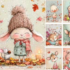 May include: A collection of six illustrations featuring anthropomorphic animals in autumn settings. The main image shows a rabbit in a brown knit hat and scarf, a mouse, and candles. Other panels depict a duck, rabbit, deer, dog, and bear.