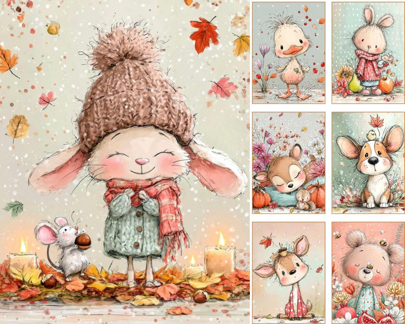 May include: A collection of six illustrations featuring anthropomorphic animals in autumn settings. The main image shows a rabbit in a brown knit hat and scarf, a mouse, and candles. Other panels depict a duck, rabbit, deer, dog, and bear.
