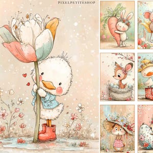 May include: Watercolor illustrations of adorable animals in a whimsical, spring-themed setting. A duck in red boots holds a large flower. Other images include a bunny with a carrot, a mouse in a tulip, and a deer in a nest. The overall theme is cute and cheerful.