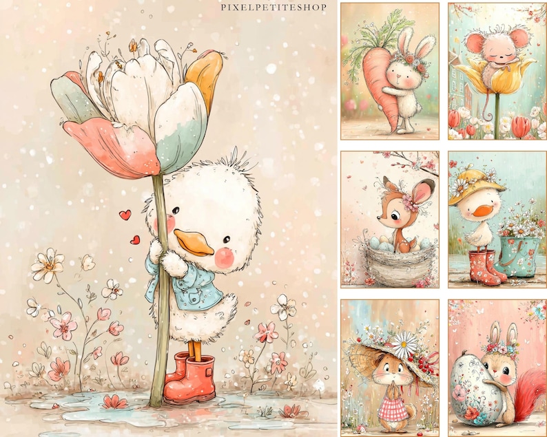 May include: Watercolor illustrations of adorable animals in a whimsical, spring-themed setting. A duck in red boots holds a large flower. Other images include a bunny with a carrot, a mouse in a tulip, and a deer in a nest. The overall theme is cute and cheerful.