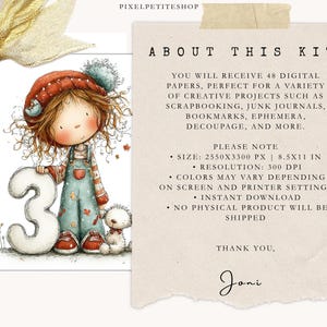 Pu&ograve; includere: Stampa d'arte digitale con un'illustrazione ad acquerello di una bambina che tiene il numero 3. Indossa un cappello rosso, una salopette e una camicia a righe, con un piccolo peluche. Il testo a destra dice "About This Kit".