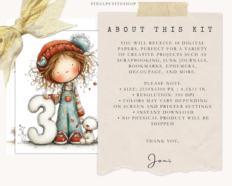 Pu&ograve; includere: Stampa d'arte digitale con un'illustrazione ad acquerello di una bambina che tiene il numero 3. Indossa un cappello rosso, una salopette e una camicia a righe, con un piccolo peluche. Il testo a destra dice "About This Kit".