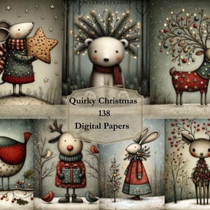 May include: A collection of whimsical Christmas digital papers featuring illustrated animals. The image includes a mouse holding a star, a polar bear, a reindeer, a bird, a deer, and a rabbit. The text "Quirky Christmas 138 Digital Papers" is also visible.