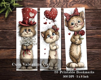 Segnalibri stampabili con gatto di San Valentino (download digitale)