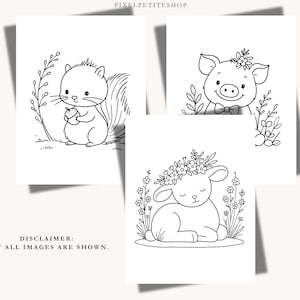 May include: Three black and white colouring pages featuring line art of a squirrel holding an acorn, a pig wearing a bow tie and flowers, and a lamb with a flower crown. The text PIXELPETITESHOP and DISCLAIMER: NOT ALL IMAGES ARE SHOWN are visible.