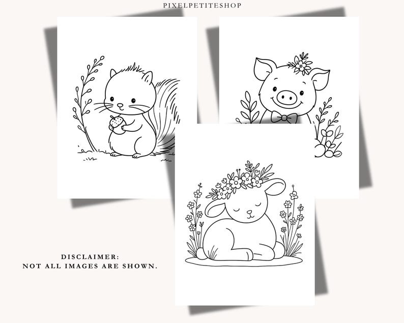 May include: Three black and white colouring pages featuring line art of a squirrel holding an acorn, a pig wearing a bow tie and flowers, and a lamb with a flower crown. The text PIXELPETITESHOP and DISCLAIMER: NOT ALL IMAGES ARE SHOWN are visible.