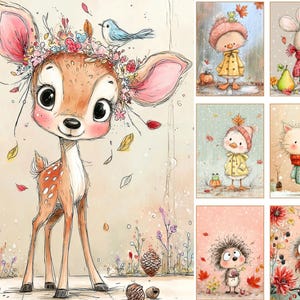 May include: A collection of six whimsical illustrations featuring a fawn with a floral crown, a duck in a yellow raincoat, a rabbit with a pear, a chick in a hat, a cat with a scarf, and a hedgehog and owl surrounded by autumn leaves.