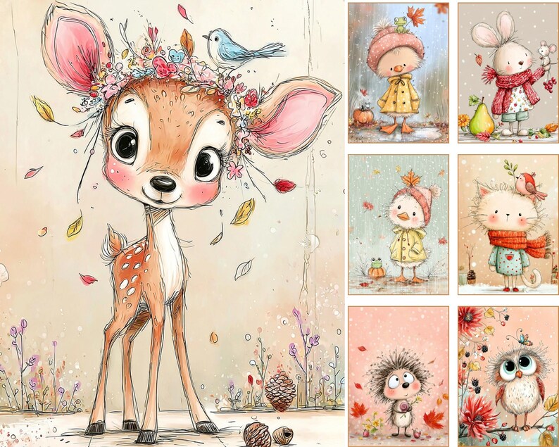 May include: A collection of six whimsical illustrations featuring a fawn with a floral crown, a duck in a yellow raincoat, a rabbit with a pear, a chick in a hat, a cat with a scarf, and a hedgehog and owl surrounded by autumn leaves.