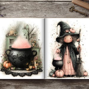 May include: An open book displaying two illustrations. The left page shows a black cauldron with pink steam, pumpkins, and candles. The right page features a character in a dark pointed hat and cloak holding a small cauldron and broom.
