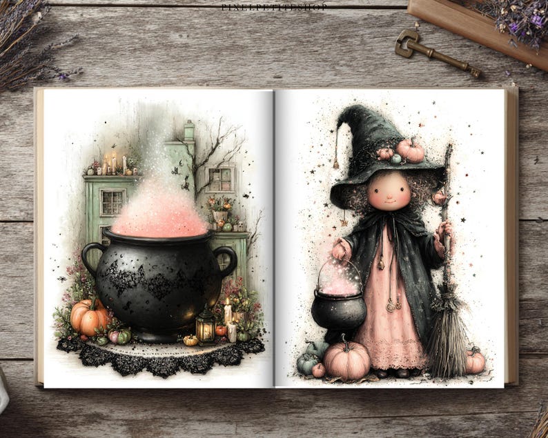 May include: An open book displaying two illustrations. The left page shows a black cauldron with pink steam, pumpkins, and candles. The right page features a character in a dark pointed hat and cloak holding a small cauldron and broom.