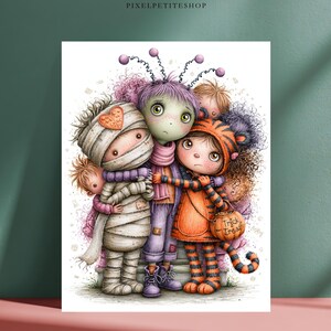 May include: A digital illustration featuring three characters in Halloween costumes: a mummy wrapped in beige bandages with an orange heart, a purple-haired creature with antennae, and a tiger-striped figure holding a pumpkin bucket labeled Trick Treat.