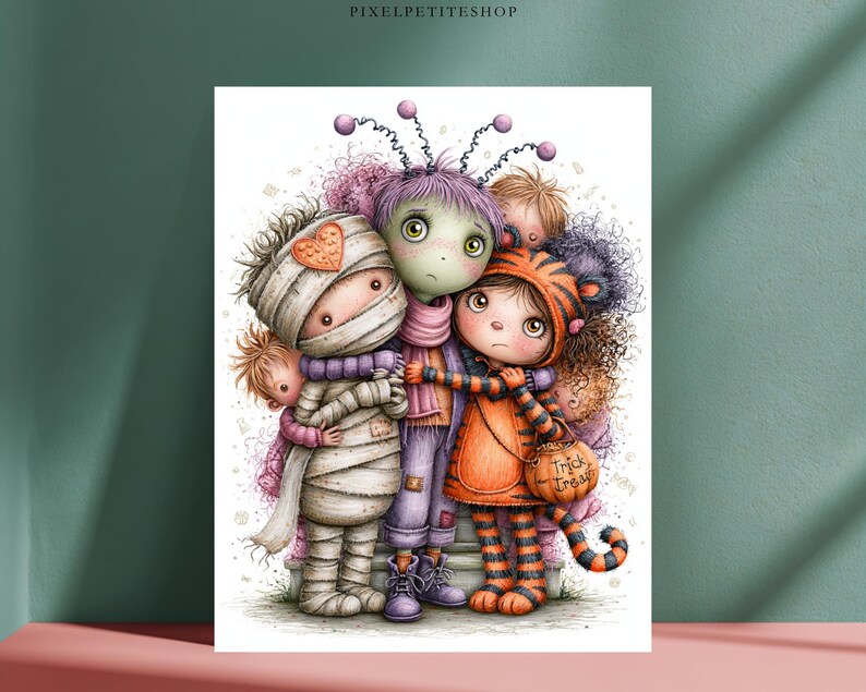 May include: A digital illustration featuring three characters in Halloween costumes: a mummy wrapped in beige bandages with an orange heart, a purple-haired creature with antennae, and a tiger-striped figure holding a pumpkin bucket labeled Trick Treat.