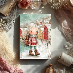 May include: A watercolor illustration of a young person in a winter scene. The figure, with long white hair, wears a red sweater, scarf, and boots, carrying a backpack. Colorful buildings line a snowy street in the background. The artwork has a whimsical, storybook style.